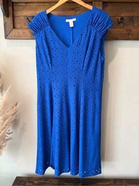 London Times Royal Blue Eyelet V‑Neck Dress
